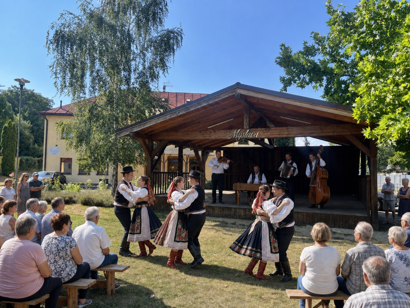 Ilustračná vizualizácia folklórneho vystúpenia v Myslave